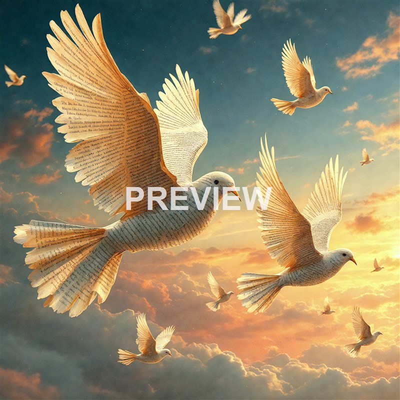 The image features a flock of doves flying in a sky filled with clouds during a sunset, with their wings appearing to have text or script written on them.